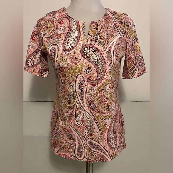Talbots Petite Shirt Tee Multicolor Paisley Print Short Sleeve Casual Knit Sz MP - Picture 1 of 5
